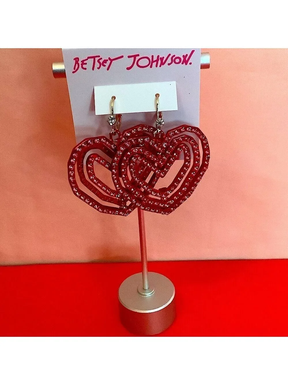 Betsey Johnson Look Into Your Heart Red Crystal Hook Earrings New